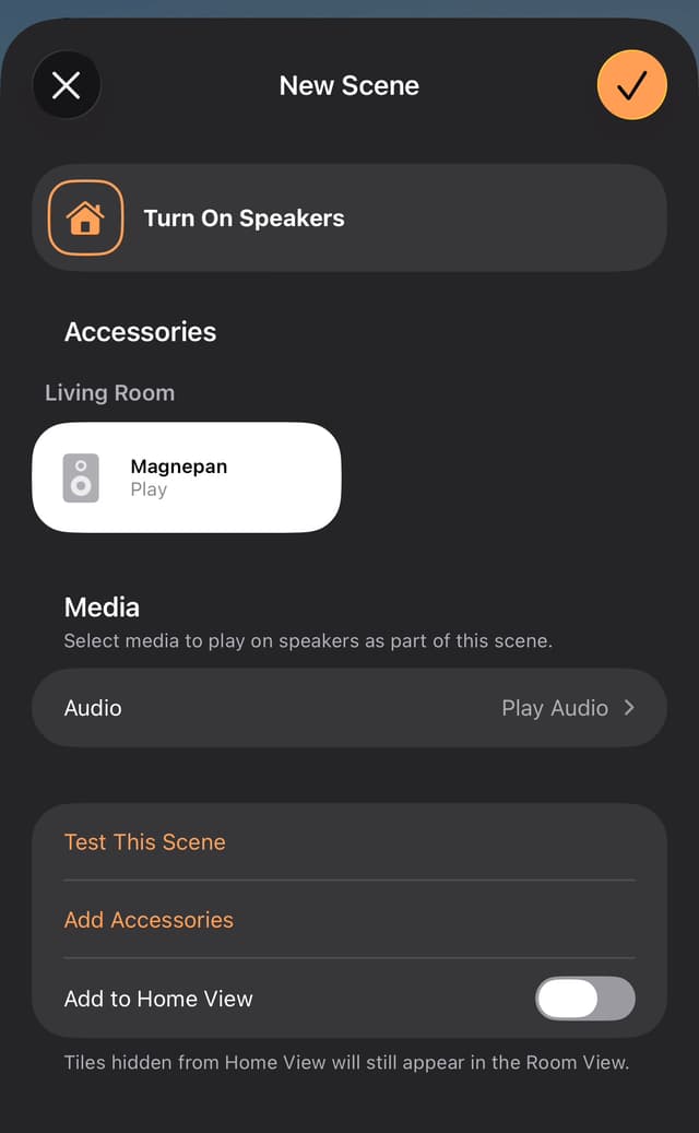 HomeKit new scene setup with Magnepan speaker selected