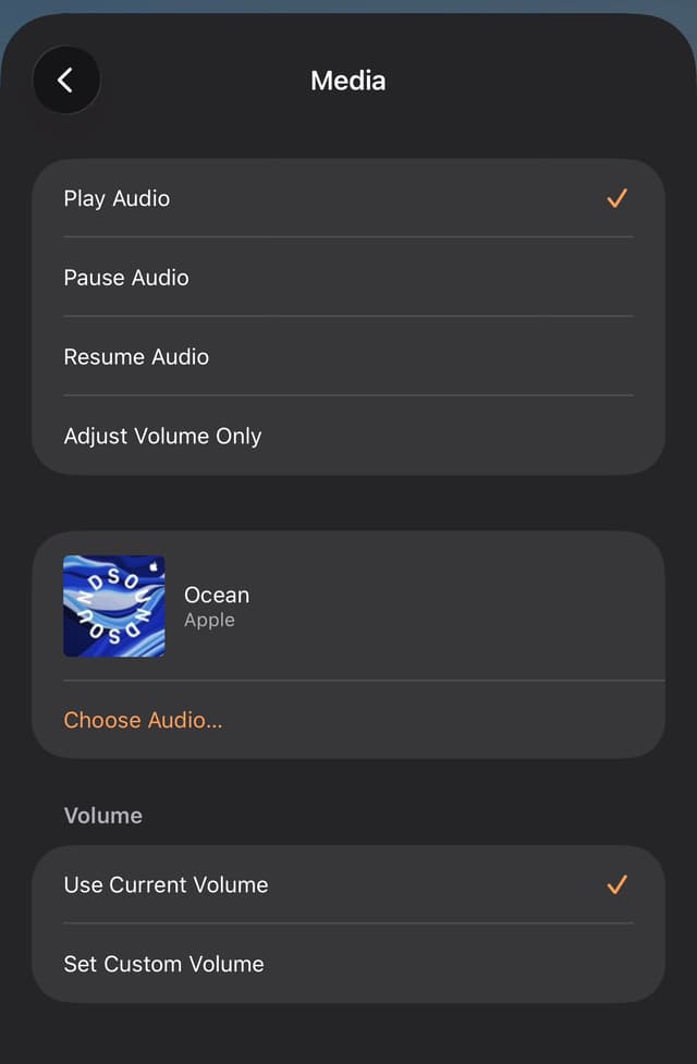 HomeKit Media settings showing Play Audio with Ocean ambient sound selected